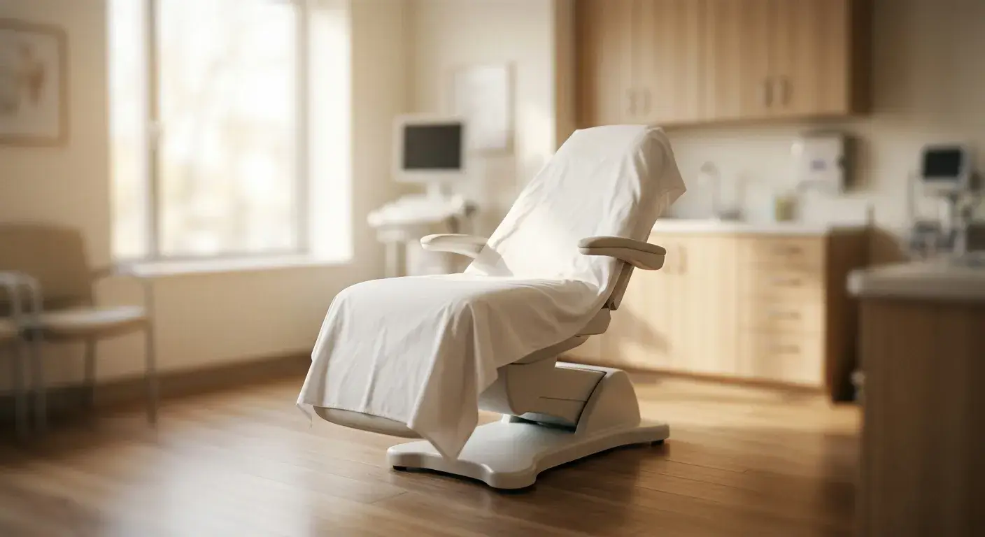 Gynaecology examination room with examination table and diagnostic equipment